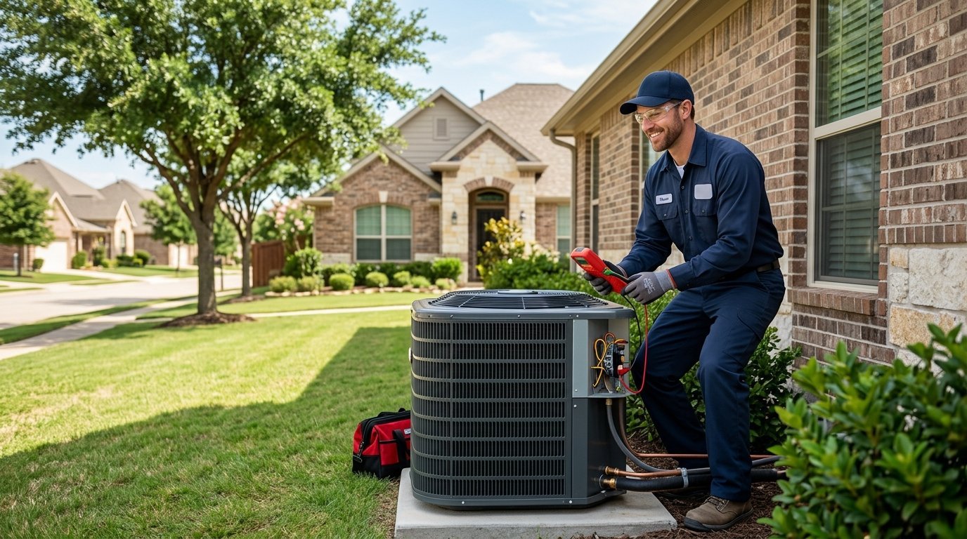 HVAC technician inspecting an outdoor air-conditioning unit beside a suburban home.