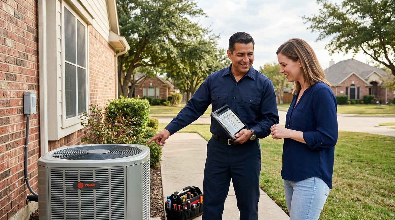 An HVAC technician discusses a residential air-conditioning system with a homeowner outside a suburban house.