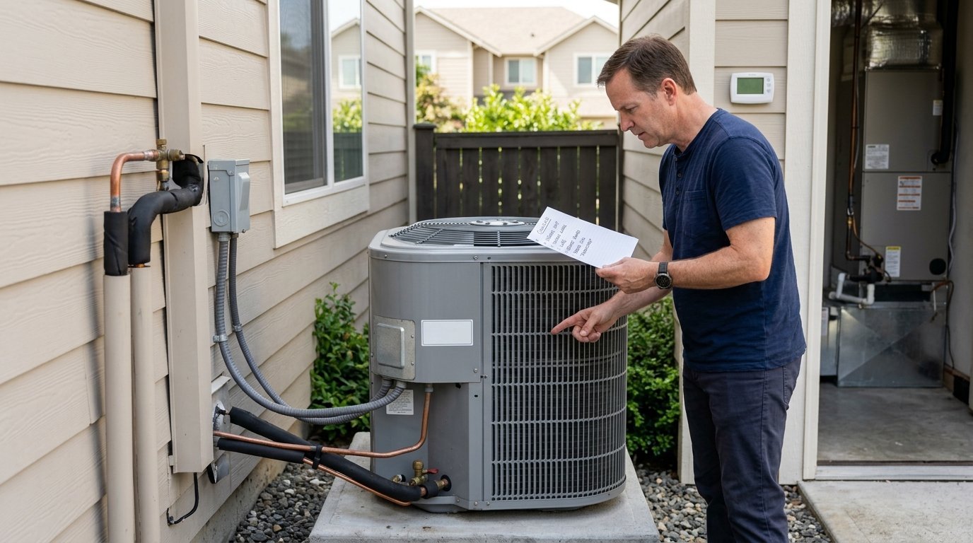 A homeowner examines a residential outdoor HVAC unit to determine whether it is a heat pump.