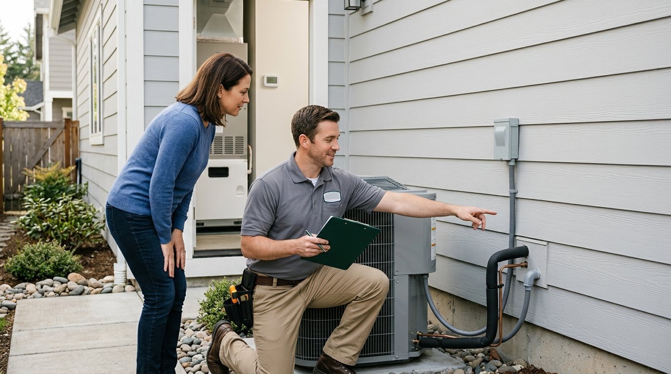 A homeowner and HVAC technician inspect an outdoor heat pump unit beside a house.