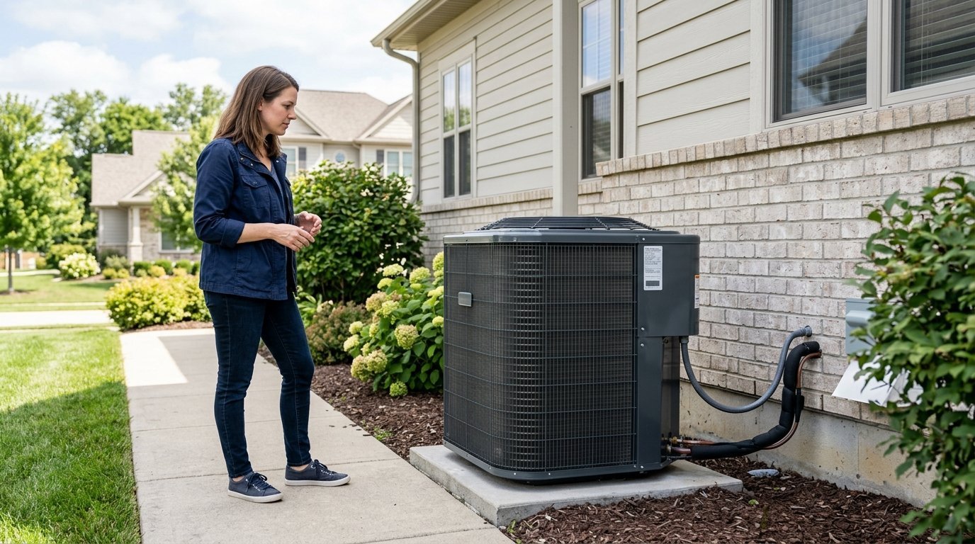 A homeowner examines an outdoor heat pump unit beside a suburban house.