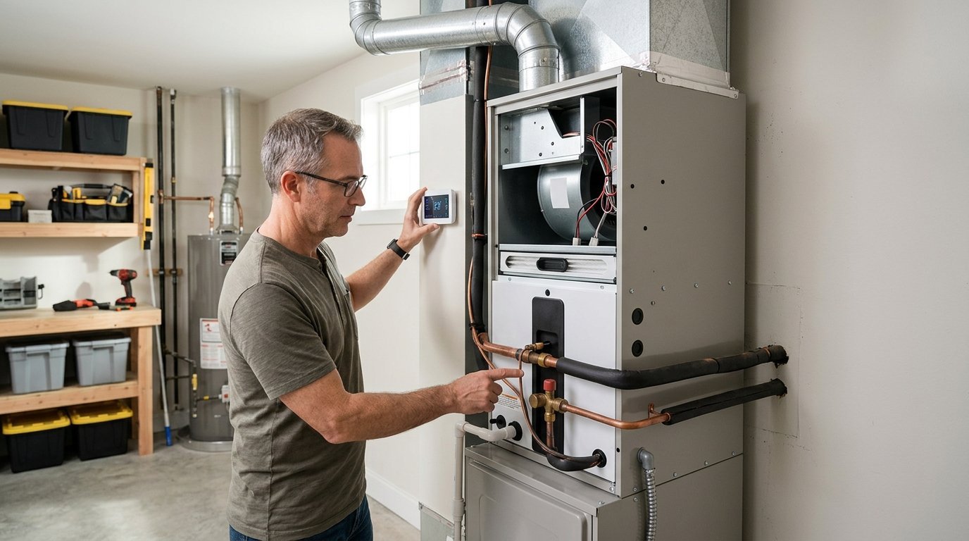 A homeowner inspects indoor heating and cooling equipment beside a wall thermostat in a residential utility room.